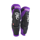A pair of EVS Sports SLAYCO96 Knee Guards in black and purple with white graphics, featuring CE Level 2 RMF Reactive Memory Foam for top motocross knee protection, shown standing upright side by side.