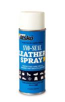 The Sno-Seal Leather Spray by Sno-Seal, in a blue and white aerosol can, provides eco-friendly wax protection for all grained and smooth leather items. Its label showcases its effectiveness on shoes, handbags, and more.