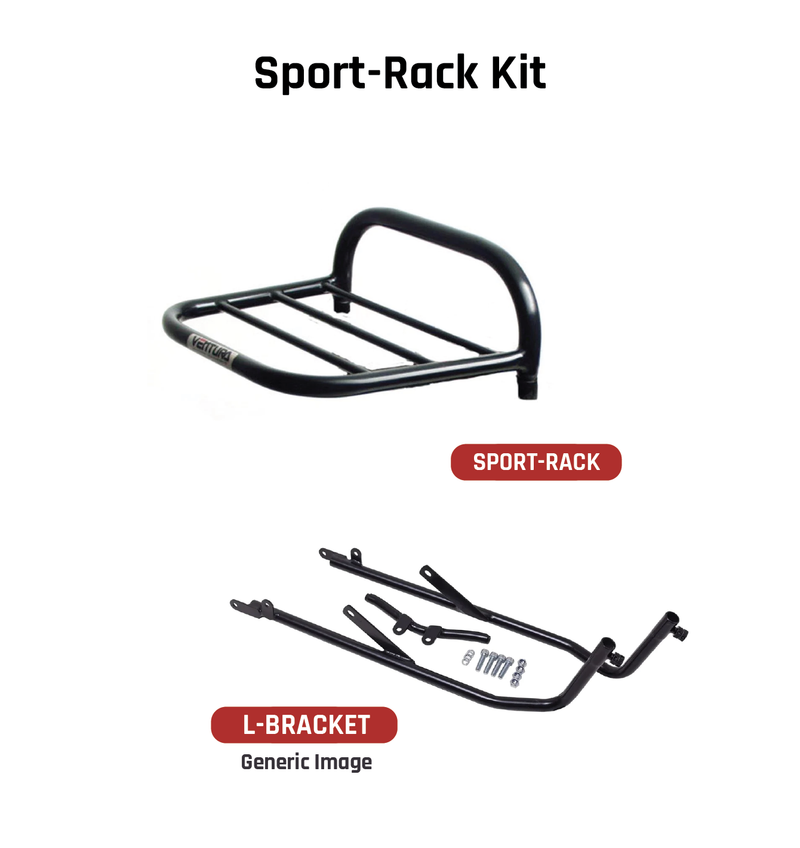 Image showing the Ventura EVO-12 Bike-Pack Kit for Kawasaki Z 400/Z 400 ABS (18–>), with the EVO-12 pack, Evo-Rack mounted on a motorcycle, and a labeled L-Bracket including bolts and hardware for easy identification.