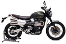 Image shows a Ventura EVO-12 bike-pack kit for Triumph Scrambler 1200 XE, XC (19->), featuring a black zippered pack, Evo-Rack Top-Box Rack on the bike, and L-Bracket with hardware (generic image shown).