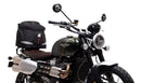 Image shows a Ventura EVO-12 bike-pack kit for Triumph Scrambler 1200 XE, XC (19->), featuring a black zippered pack, Evo-Rack Top-Box Rack on the bike, and L-Bracket with hardware (generic image shown).