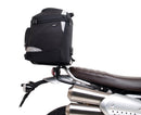 Image shows a Ventura EVO-12 bike-pack kit for Triumph Scrambler 1200 XE, XC (19->), featuring a black zippered pack, Evo-Rack Top-Box Rack on the bike, and L-Bracket with hardware (generic image shown).