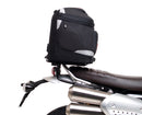 Image shows a Ventura EVO-12 bike-pack kit for Triumph Scrambler 1200 XE, XC (19->), featuring a black zippered pack, Evo-Rack Top-Box Rack on the bike, and L-Bracket with hardware (generic image shown).
