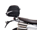 Image shows a Ventura EVO-12 bike-pack kit for Triumph Scrambler 1200 XE, XC (19->), featuring a black zippered pack, Evo-Rack Top-Box Rack on the bike, and L-Bracket with hardware (generic image shown).