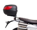 Image shows a Ventura EVO-12 bike-pack kit for Triumph Scrambler 1200 XE, XC (19->), featuring a black zippered pack, Evo-Rack Top-Box Rack on the bike, and L-Bracket with hardware (generic image shown).