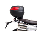 Image shows a Ventura EVO-12 bike-pack kit for Triumph Scrambler 1200 XE, XC (19->), featuring a black zippered pack, Evo-Rack Top-Box Rack on the bike, and L-Bracket with hardware (generic image shown).
