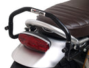 Image shows a Ventura EVO-12 bike-pack kit for Triumph Scrambler 1200 XE, XC (19->), featuring a black zippered pack, Evo-Rack Top-Box Rack on the bike, and L-Bracket with hardware (generic image shown).