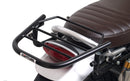 Image shows a Ventura EVO-12 bike-pack kit for Triumph Scrambler 1200 XE, XC (19->), featuring a black zippered pack, Evo-Rack Top-Box Rack on the bike, and L-Bracket with hardware (generic image shown).