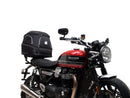 Image shows three labeled Ventura items for the Triumph Speed Twin 1200 (19->): an EVO-12 Pack (compact black bag), Evo-Rack adjustable rack mounted on the motorcycle, and a generic L-Bracket with bolts.