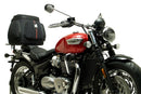 Ventura EVO-12 Bike-Pack Kit for Triumph Bonneville SpeedMaster 1200 (19–>), includes EVO-12 pack, EVO-Rack for bike installation, and black L-Bracket with screws for pannier support, all correctly labeled.