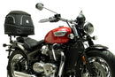 Ventura EVO-12 Bike-Pack Kit for Triumph Bonneville SpeedMaster 1200 (19–>), includes EVO-12 pack, EVO-Rack for bike installation, and black L-Bracket with screws for pannier support, all correctly labeled.