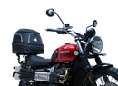 The Ventura EVO-12 Bike-Pack Kit for Triumph Street Scrambler 900 (2021 - >) includes a black EVO-12 Pack, Evo-Rack Top-Box Rack, and labeled L-bracket with screws, all displayed on a white background.