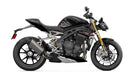 Image showing the Ventura EVO-12 Bike-Pack Kit for Triumph Speed Triple 1200 RS, RR (21 ->), featuring a black EVO-12 Pack tail bag, Evo-Rack Top-Box Rack, and an L-Bracket with screws and mounting hardware.