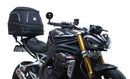 Image showing the Ventura EVO-12 Bike-Pack Kit for Triumph Speed Triple 1200 RS, RR (21 ->), featuring a black EVO-12 Pack tail bag, Evo-Rack Top-Box Rack, and an L-Bracket with screws and mounting hardware.