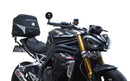 Image showing the Ventura EVO-12 Bike-Pack Kit for Triumph Speed Triple 1200 RS, RR (21 ->), featuring a black EVO-12 Pack tail bag, Evo-Rack Top-Box Rack, and an L-Bracket with screws and mounting hardware.