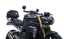 Image showing the Ventura EVO-12 Bike-Pack Kit for Triumph Speed Triple 1200 RS, RR (21 ->), featuring a black EVO-12 Pack tail bag, Evo-Rack Top-Box Rack, and an L-Bracket with screws and mounting hardware.