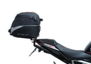 Image showing the Ventura EVO-12 Bike-Pack Kit for Triumph Speed Triple 1200 RS, RR (21 ->), featuring a black EVO-12 Pack tail bag, Evo-Rack Top-Box Rack, and an L-Bracket with screws and mounting hardware.
