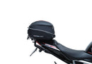 Image showing the Ventura EVO-12 Bike-Pack Kit for Triumph Speed Triple 1200 RS, RR (21 ->), featuring a black EVO-12 Pack tail bag, Evo-Rack Top-Box Rack, and an L-Bracket with screws and mounting hardware.