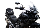 Ventura EVO-12 Bike-Pack Kit for Triumph Tiger 1200GT/Pro/Explorer (22->) includes a black EVO-12 pack, Adjustable Pack-Rack (EVO-RACK) mounted on the bike, and a labeled L-Bracket with screws.
