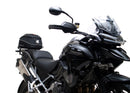 Ventura EVO-12 Bike-Pack Kit for Triumph Tiger 1200GT/Pro/Explorer (22->) includes a black EVO-12 pack, Adjustable Pack-Rack (EVO-RACK) mounted on the bike, and a labeled L-Bracket with screws.