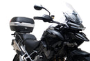 Ventura EVO-12 Bike-Pack Kit for Triumph Tiger 1200GT/Pro/Explorer (22->) includes a black EVO-12 pack, Adjustable Pack-Rack (EVO-RACK) mounted on the bike, and a labeled L-Bracket with screws.