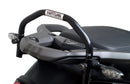 Ventura EVO-12 Bike-Pack Kit for Triumph Tiger 1200GT/Pro/Explorer (22->) includes a black EVO-12 pack, Adjustable Pack-Rack (EVO-RACK) mounted on the bike, and a labeled L-Bracket with screws.