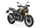 Image showing three components for the Ventura EVO-12 Bike-Pack Kit on a Triumph Scrambler 400X (24->): the EVO-12 pack (black bag), EVO-rack Sport-Rack (metal rack), and L-Bracket with hardware, each labeled with text.