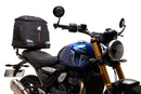 Image showing three components for the Ventura EVO-12 Bike-Pack Kit on a Triumph Scrambler 400X (24->): the EVO-12 pack (black bag), EVO-rack Sport-Rack (metal rack), and L-Bracket with hardware, each labeled with text.
