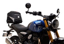Image showing three components for the Ventura EVO-12 Bike-Pack Kit on a Triumph Scrambler 400X (24->): the EVO-12 pack (black bag), EVO-rack Sport-Rack (metal rack), and L-Bracket with hardware, each labeled with text.