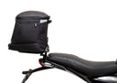 Image showing three components for the Ventura EVO-12 Bike-Pack Kit on a Triumph Scrambler 400X (24->): the EVO-12 pack (black bag), EVO-rack Sport-Rack (metal rack), and L-Bracket with hardware, each labeled with text.