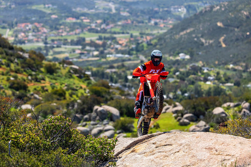 The 2025 Honda CRF250RX is a red off-road bike featuring a sturdy frame, knobby tires, and a black seat. It includes front and rear suspension with visible springs and displays prominent "Honda" branding on the side. The motorcycle is presented against a plain backdrop.