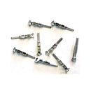 Nine TERMINALS 2.25MM MALE SPADE connectors from a MISCELLANEOUS 10 pack are scattered randomly on a white background. Each terminal features a cylindrical body with a pin at one end and a hexagonal nut at the other, with slight variations in shape and size.