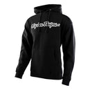 The Troy Lee Designs SIGNATURE PULLOVER BLACK is a hooded sweatshirt featuring a front pocket, drawstrings, and "Troy Lee Designs" in white script on the chest—ideal for cool mornings. Shown on a plain white background.