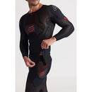 The Troy Lee Designs STAGE GHOST D30 LONG SLEEVE BASELAYER in black features red accents, ergonomic fit, chest and shoulder padding, zippered side, geometric pattern, underlayer protection system, and branded logos.