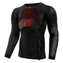 The Troy Lee Designs STAGE GHOST D30 LONG SLEEVE BASELAYER in black features red accents, ergonomic fit, chest and shoulder padding, zippered side, geometric pattern, underlayer protection system, and branded logos.