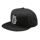 The Troy Lee Designs FLAT BILL SNAPBACK PEACE BLACK is a black flat-brim cap with an embroidered white hand peace sign on the front.