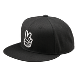 The Troy Lee Designs FLAT BILL SNAPBACK PEACE BLACK is a black flat-brim cap with an embroidered white hand peace sign on the front.