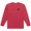 The Troy Lee Designs LONG SLEEVE TEE ENJOY FUCHSIA features black and blue graphic designs on the chest and sleeves, including a circular logo on the left chest and various symbols along both sleeves.