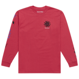 The Troy Lee Designs LONG SLEEVE TEE ENJOY FUCHSIA features black and blue graphic designs on the chest and sleeves, including a circular logo on the left chest and various symbols along both sleeves.