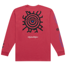 The Troy Lee Designs LONG SLEEVE TEE ENJOY FUCHSIA features black and blue graphic designs on the chest and sleeves, including a circular logo on the left chest and various symbols along both sleeves.