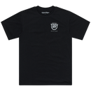 The SHORT SLEEVE TEE SMILEY BLACK by Troy Lee Designs is a black short-sleeve shirt with a small white logo and stylized football above the text on the left chest, shown laid flat on a white background.
