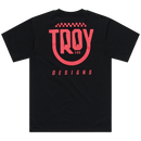 The SHORT SLEEVE TEE SMILEY BLACK by Troy Lee Designs is a black short-sleeve shirt with a small white logo and stylized football above the text on the left chest, shown laid flat on a white background.