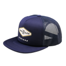 The TRUCKER SNAPBACK CARB NAVY by Troy Lee Designs is a navy trucker hat with a mesh back and a yellow and white logo on the front panel.