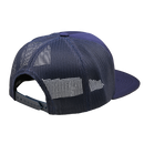 The TRUCKER SNAPBACK CARB NAVY by Troy Lee Designs is a navy trucker hat with a mesh back and a yellow and white logo on the front panel.
