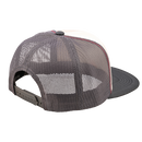 The Troy Lee Designs TRUCKER SNAPBACK PEACE OUT VINTAGE WHITE / CARBON features a beige front, black brim and mesh back, red stitching, and a graphic of a hand making a peace sign above a red "Pit" logo.