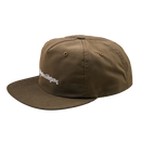The Troy Lee Designs UNSTRUCTURED SNAPBACK SIGNATURE OLIVE CANVAS is an olive green five-panel baseball cap with a flat brim and white embroidered text on the front, shown against a plain white background.
