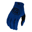 The Troy Lee Designs YOUTH AIR GLOVE BLUE is a lightweight, full-finger mountain bike glove featuring textured grip, black details on the index finger, and a logo on the back, shown against a white background.