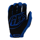 The Troy Lee Designs YOUTH AIR GLOVE BLUE is a lightweight, full-finger mountain bike glove featuring textured grip, black details on the index finger, and a logo on the back, shown against a white background.