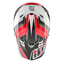The Troy Lee Designs SE4 POLYACRYLITE HELMET BLOCK CHARCOAL / RED features bold red, black, and gray graphics, a large visor, open face with sturdy chin guard, aerodynamic design, and MIPS brain protection.