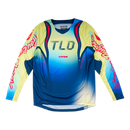 The Troy Lee Designs YOUTH GP PRO JERSEY DRIP GLO YELLOW/DARK NAVY is a long-sleeve motocross jersey with a blue, yellow, and white gradient, "TLD" chest logo, bold red/white sleeve graphics, and moisture-wicking fabric for comfort.
